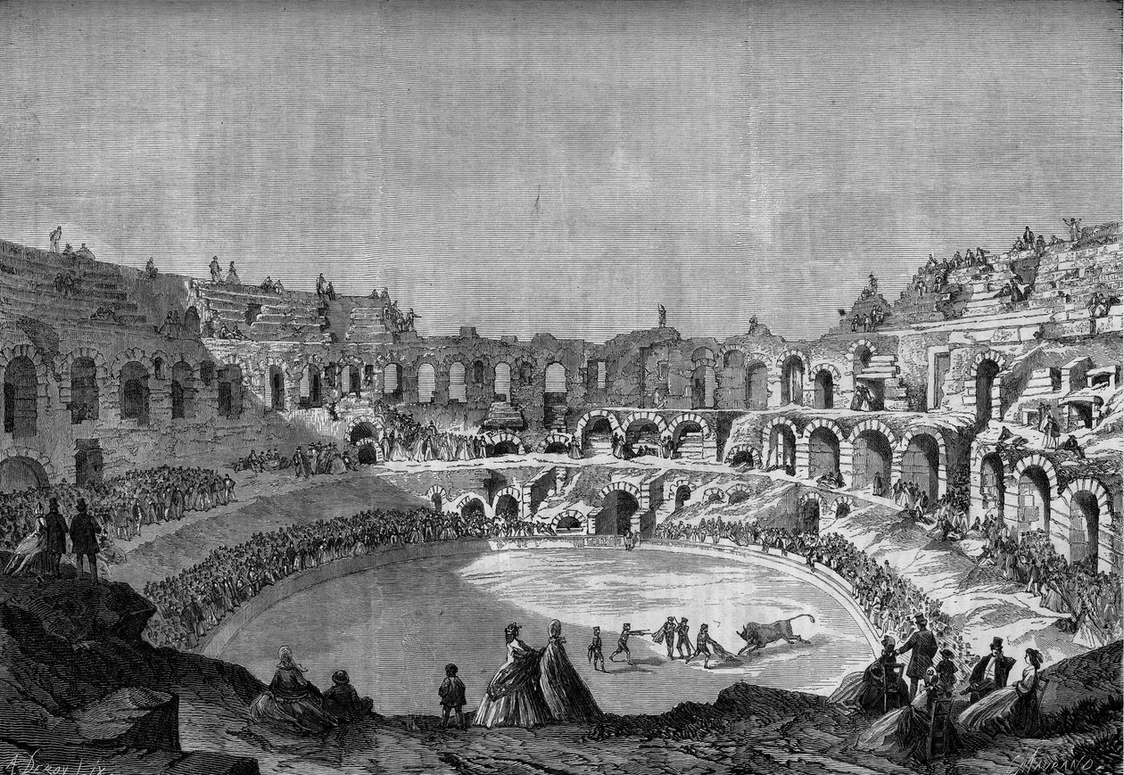 Tjurfäktning: tjurkapplöpningar (tjurfäktning) i Nimes gamla arenor (Gard, 30) med den spanska matadoren "" El Tato"", 10 maj av Honoré Daumier