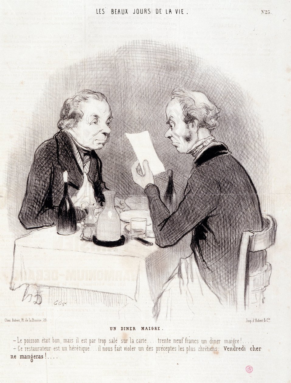Tecknad film om kära liv. Serien "" The Beautiful Days of Life"": En mager middag..." Gravyr av Honore DAUMIER (1808-1879). Utdrag ur tidningen "" Le Charivari"" den 18 oktober av Honoré Daumier