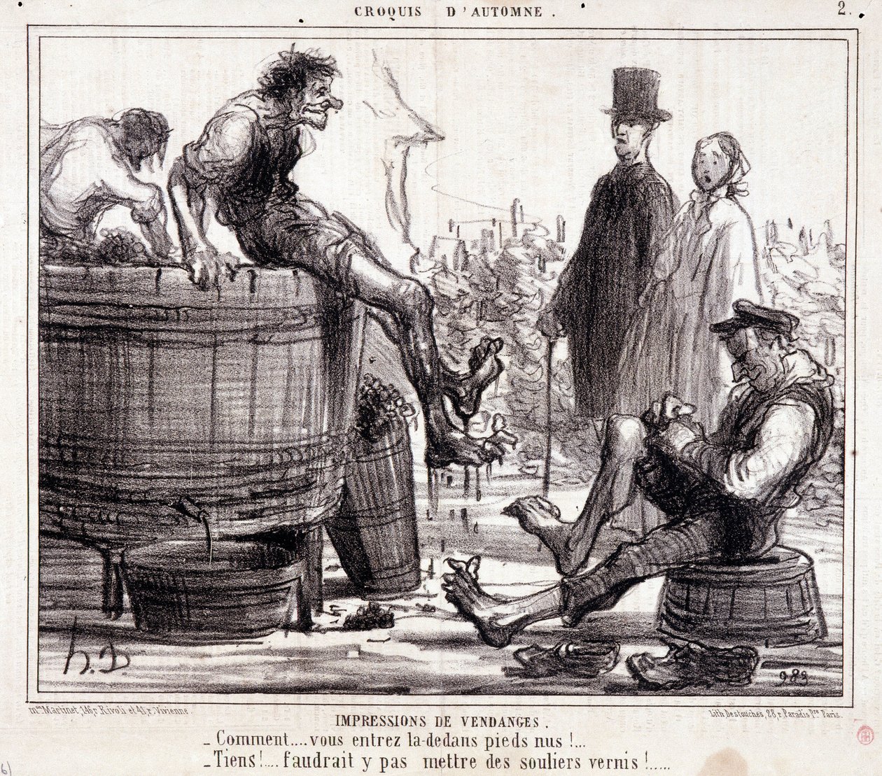 Tecknad film om skördare som trampar på barfota druvor, från serien "Autumn Sketch" av Honoré Daumier