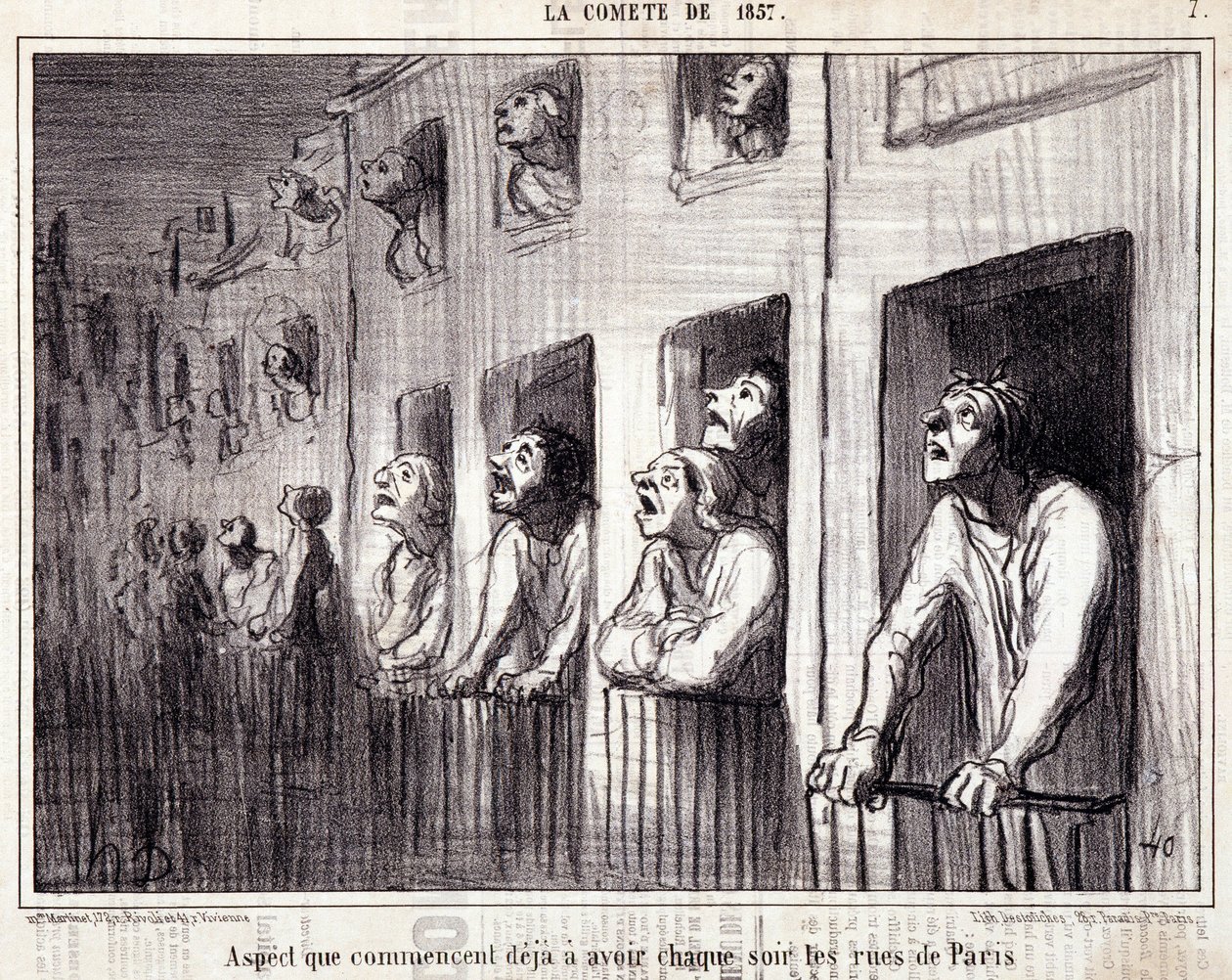Tecknad film om vetenskap. Serie Sur “” la Comete de 1857””: “” Aspekt som redan börjar ha varje natt på Paris gator””. Gravyr av Honore DAUMIER (1808-1879). Utdrag ur tidningen "" Le Charivari"". Mått 38x25cm. Inv D - box 7 Marseille, av Honoré Daumier