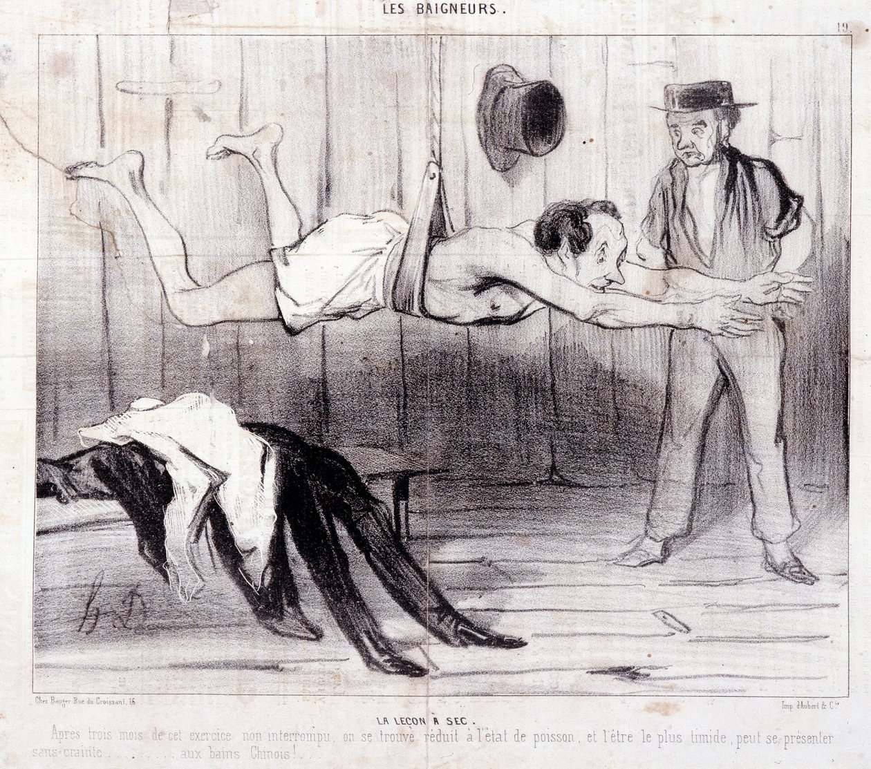 Tecknad film om turister på semester. Serien "" Les Baigneurs"": "" La lecon a dry""". Serien "" Les Baigneurs"": "" La lecon a dry""". Gravyr av Honore DAUMIER (1808-1879). Utdrag ur tidningen "" Le Charivari"". Dim 25x36cm box 12 Marseille, Musee av Honoré Daumier