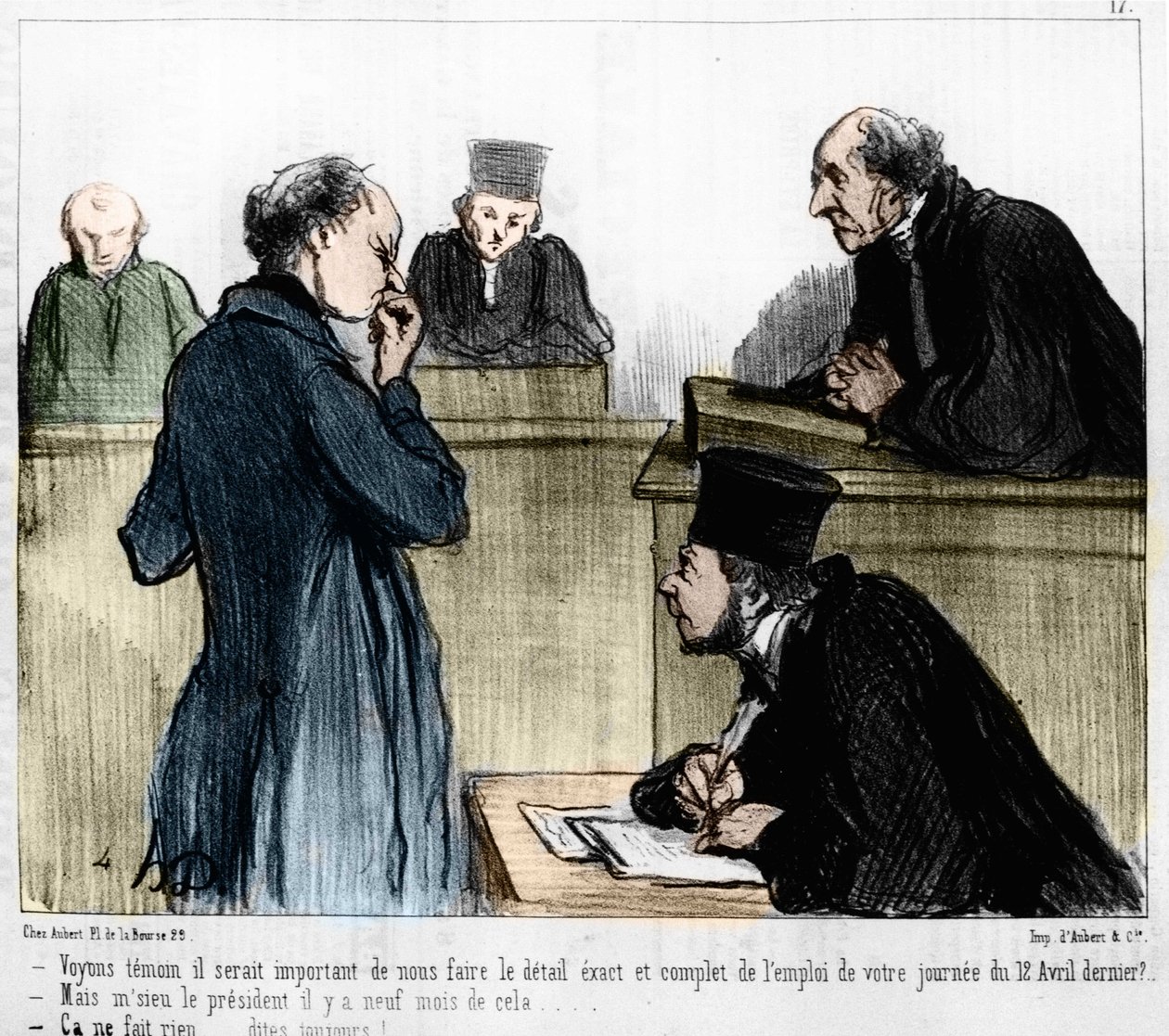 Tecknad av Daumier: Serie "" Les Gens de justice"" publicerad i "" Charivari"" av 1846-03-04. Att höra ett vittne. av Honoré Daumier