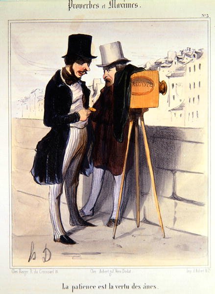 Tecknad serie som förlöjligar hur lång tid det tar att ta ett daguerrotypifoto, ca 1840 (lito i färg) av Honoré Daumier