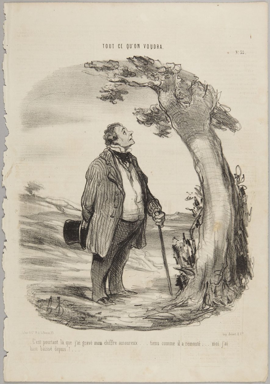 ”Ändå var det där jag graverade mitt kärlekstecken...”, nummer 35 ur serien Allt man kan önska sig från Le Charivari av Honoré Daumier