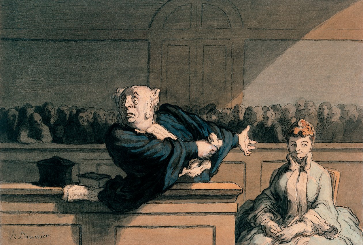 Counsel for the Defense (The Advocate), c.1862-65 (penna & bläck, kol, krita och akvarell på papper) av Honoré Daumier