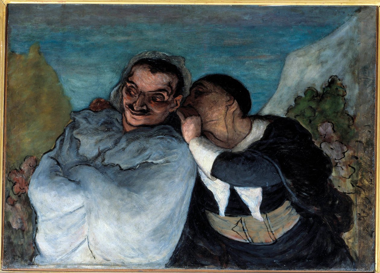 Crispin och Scapin säger också Scapin och Silvestre. De två karaktärerna i Molieres pjäs "Les fourberies de Scapin"" får förtroende i deras öra. Målning av Honore Daumier (1808-1879). 1864 Sön. 0,60 x 0,82 m Paris Musee d