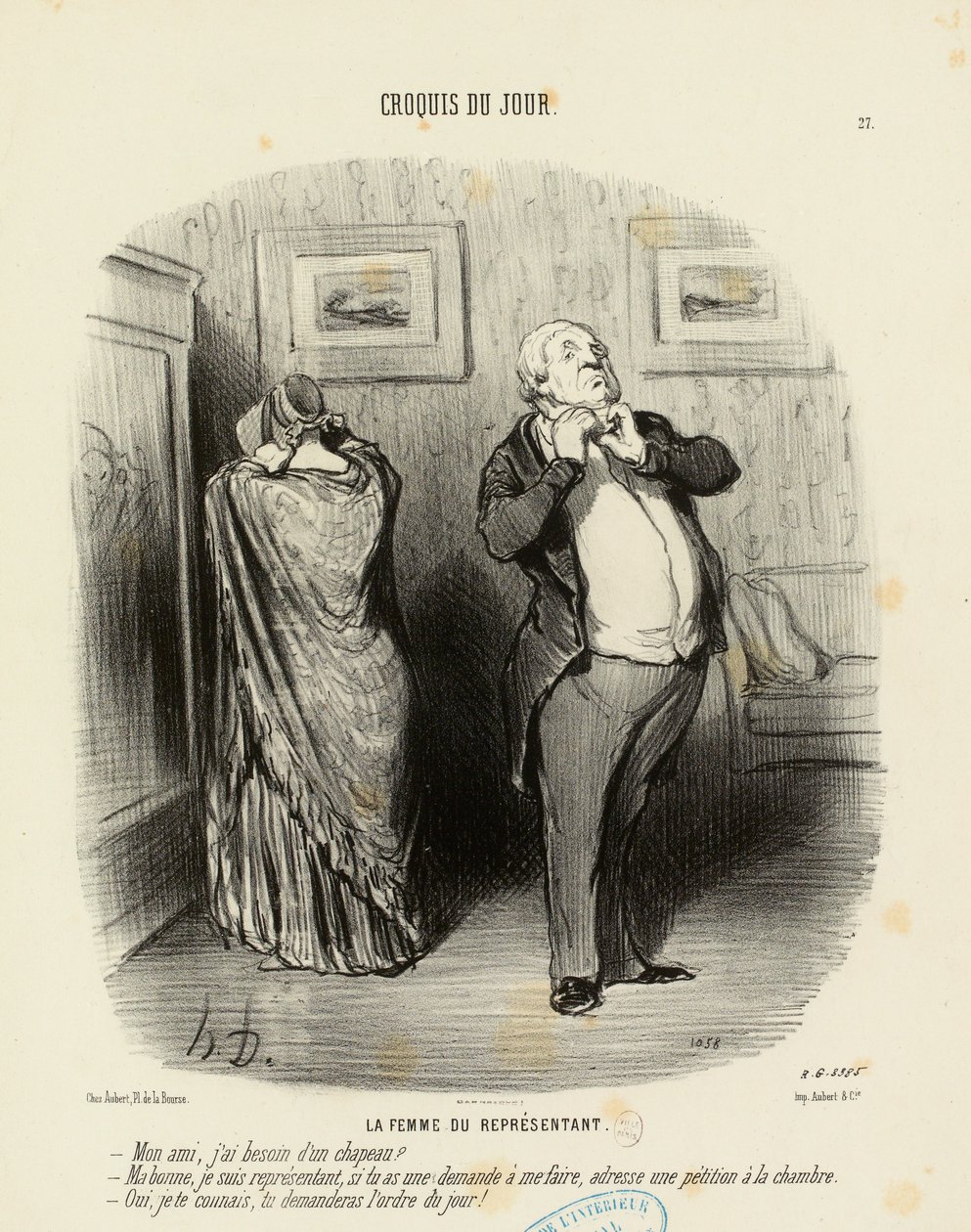 Croquis du Jour nr 27: Representantens hustru. - Min vän, behöver jag en hatt? av Honoré Daumier