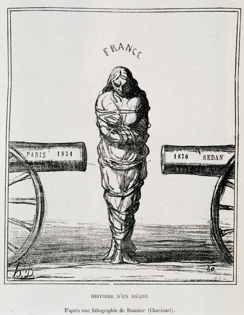 History of a Regne: Frankrike i en tångrörelse mellan Paris 1851 och Sedan 1870 - litografi av Honore Daumier publicerad i "" Le Charivari"", sd. omkring 1871 av Honoré Daumier