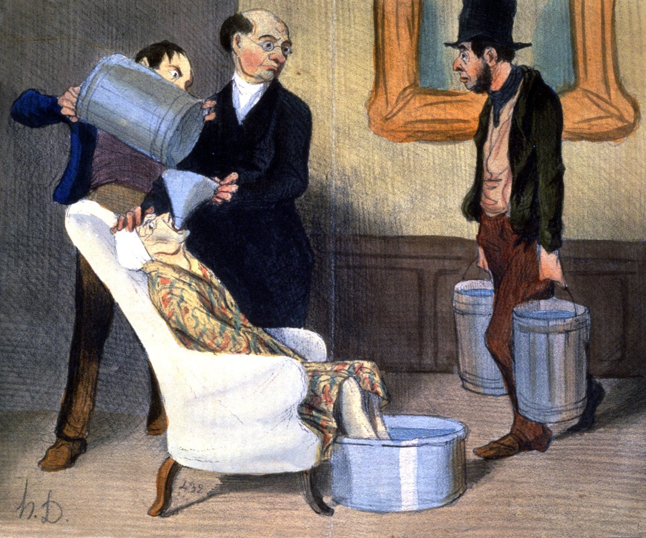 Hydroterapi, återhämtning genom vattenabsorption, ca 1850 (illustration) av Honoré Daumier