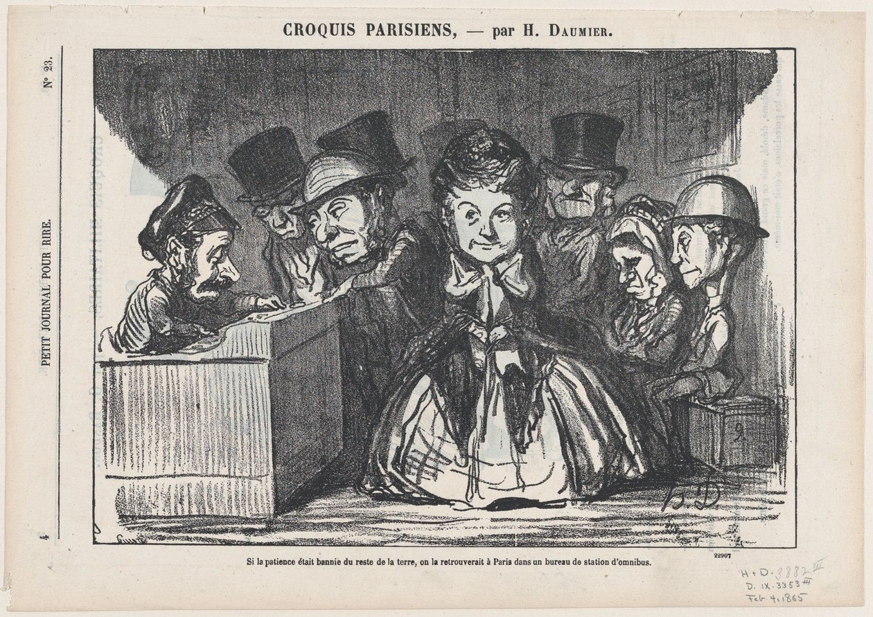 Om tålamodet hade försvunnit från hela världen, skulle man säkert återfinna det vid en busshållplats i Paris, ur ”Parisiska skisser” av Honoré Daumier