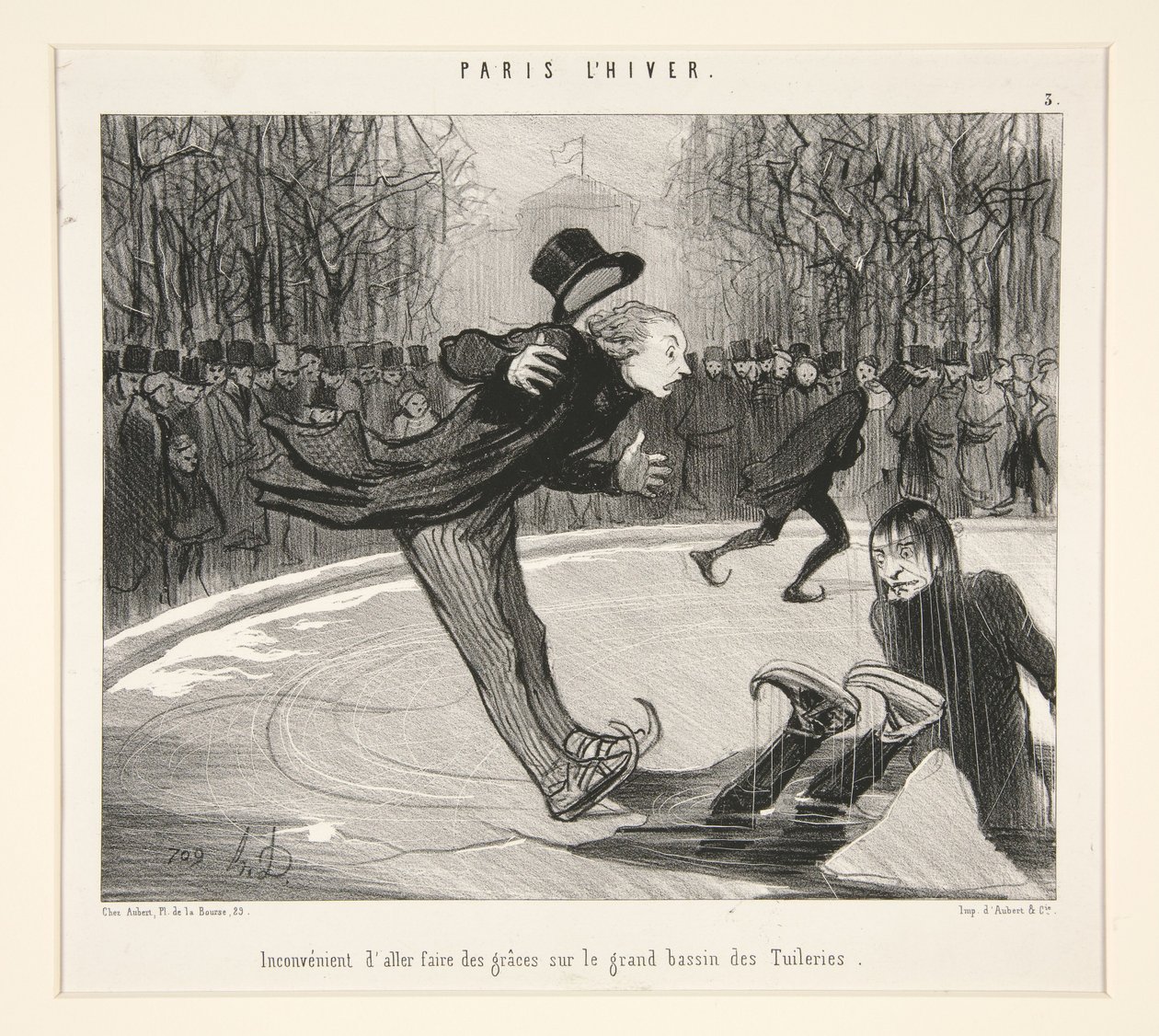 Besväret med att göra sig till vid den stora bassängen i Tuilerierna, ur Paris på vintern av Honoré Daumier