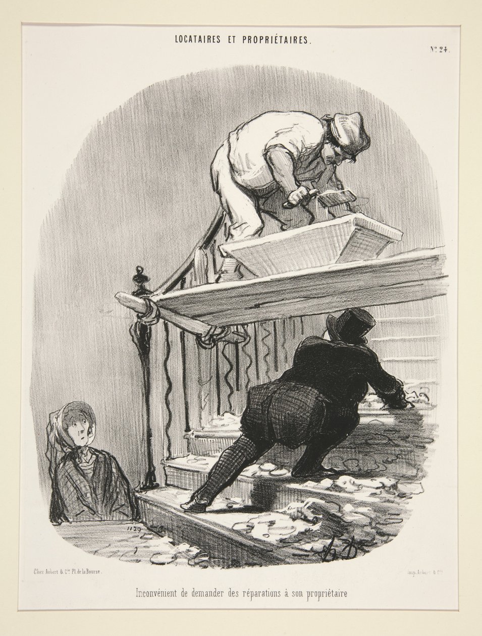 Olägenheten med att be hyresvärden om reparationer, plansch 24 ur serien "Hyresgäster och hyresvärd" av Honoré Daumier