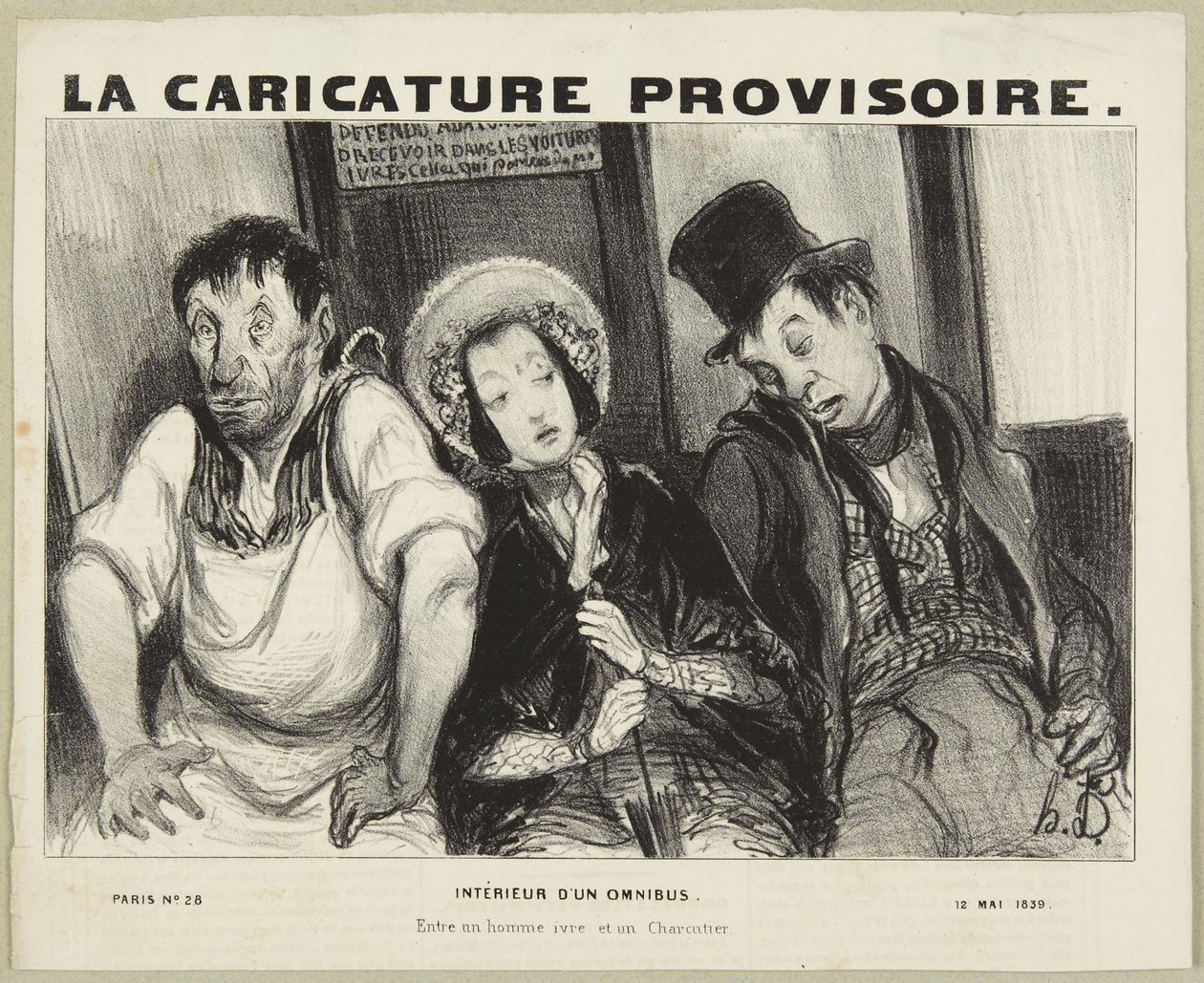 Interiör i en omnibus, ur serien "Parisiska typer" från La Caricature Provisoire av Honoré Daumier