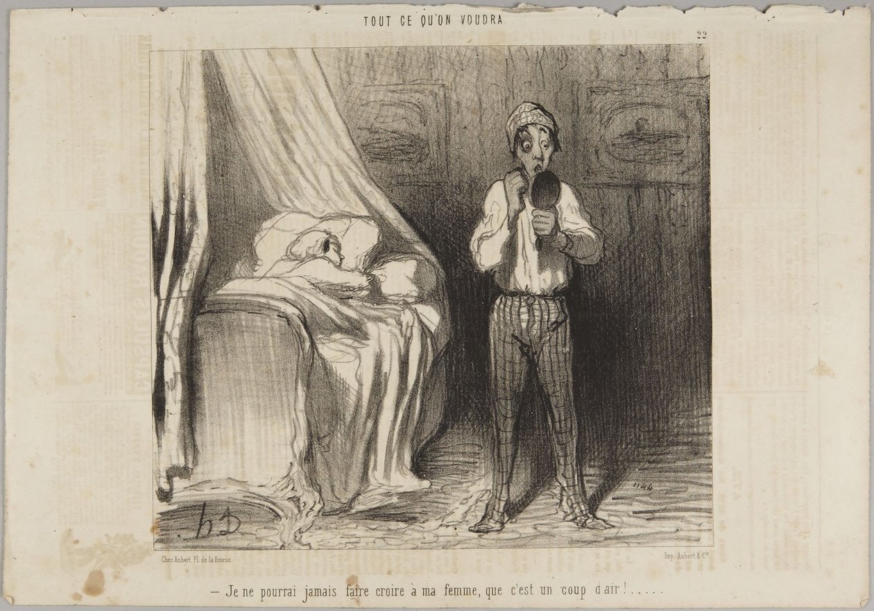 Jag kommer aldrig att kunna få min hustru att tro att det var drag!, nummer 22 ur serien Allt vad man vill från Le Charivari av Honoré Daumier