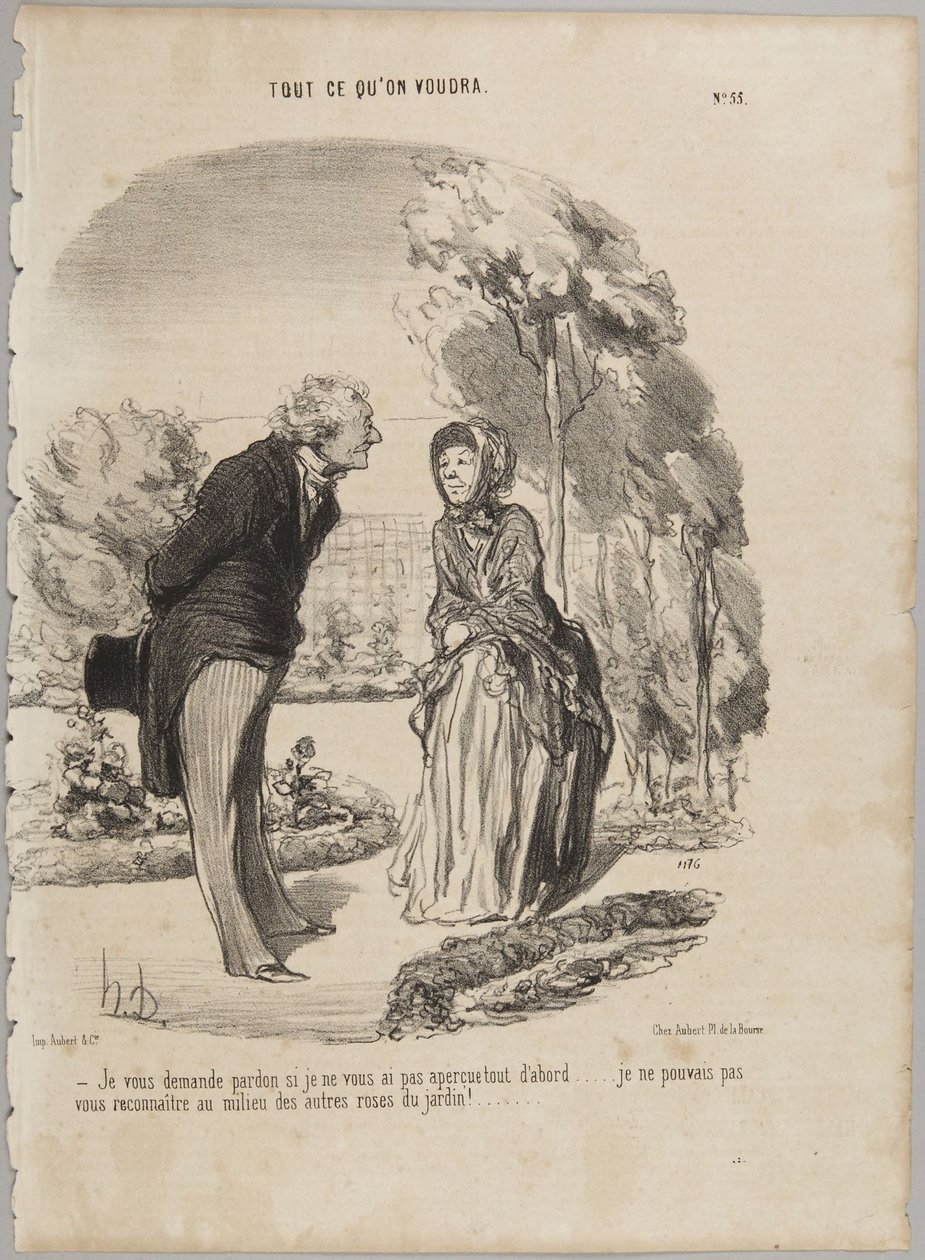 Jag ber om ursäkt om jag inte lade märke till er genast..., nummer 55 ur serien "Allt man kan önska sig" från Le Charivari av Honoré Daumier