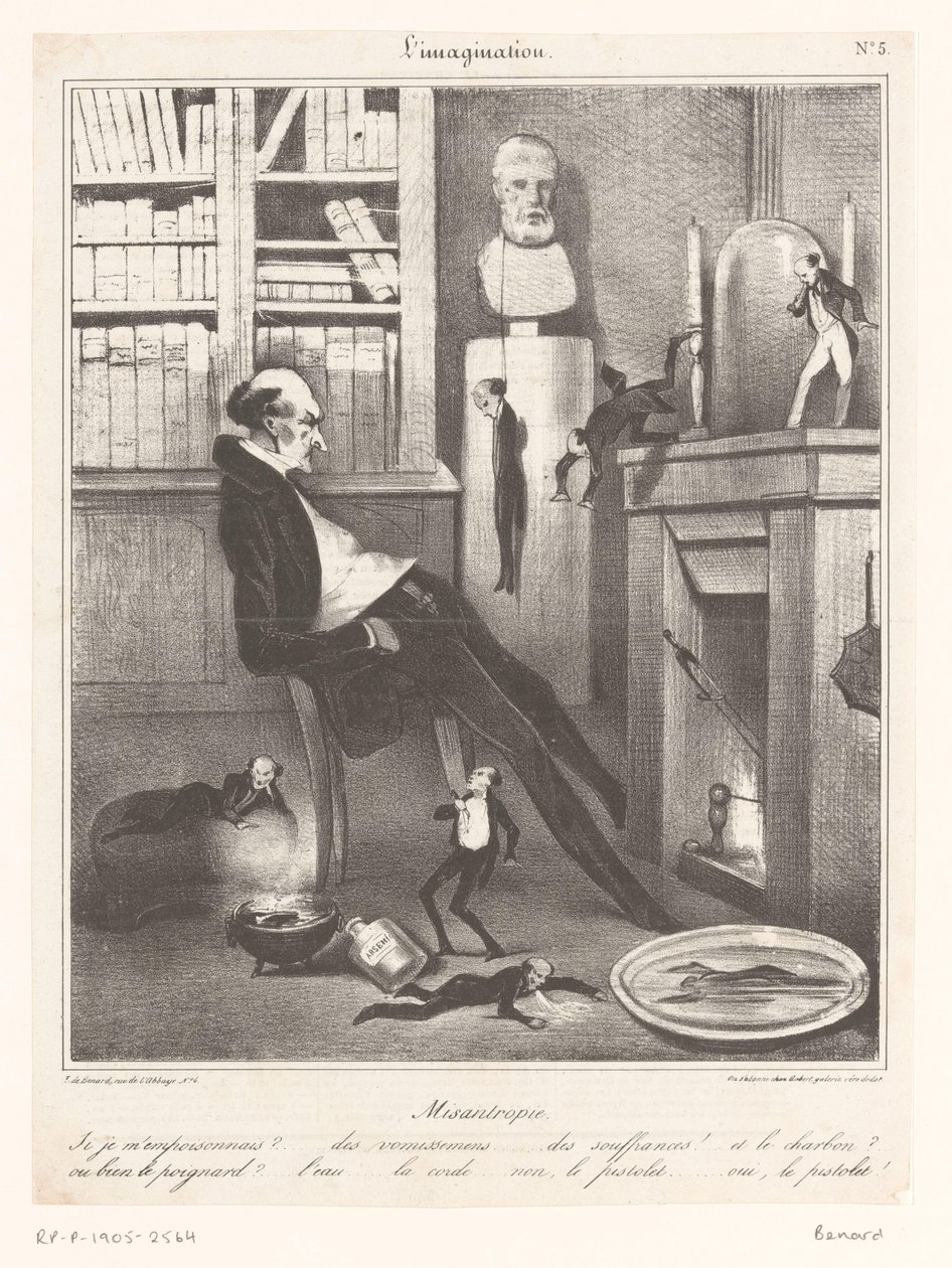 Karikatyr av en misantrop som funderar på hur han ska begå självmord av Honoré Daumier