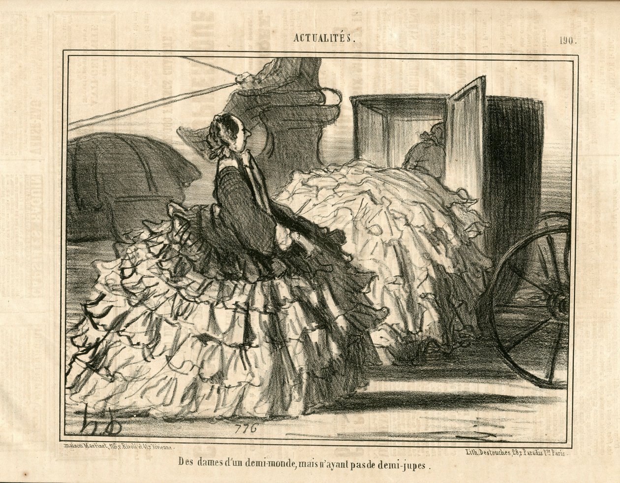 Le Charivari, satirisk i B & B, ca. 1855_5_11: Nyheter n* 190. Damer av en demi-monde men inte kjolar. - Mode, Transport, Crinolines - Illustration för kvinnor av Honore Daumier (1808-1879) av Honoré Daumier