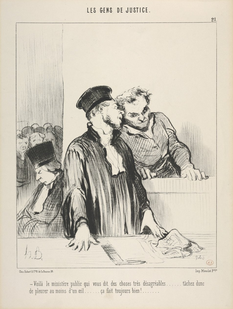 Rättvisans folk, plansch 21, "Där är åklagarmyndigheten som säger mycket obehagliga saker till er" av Honoré Daumier