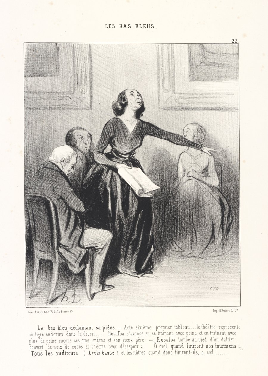 Blåstrumpan som deklamerar sitt skådespel, plansch 22 ur serien Blåstrumporna i tidskriften Le Charivari av Honoré Daumier