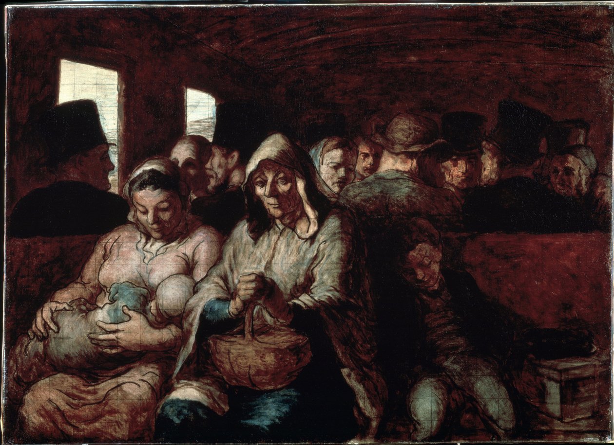 ""The Third Class Wagon"" (A Wagon of the Third Class) Två mammor av populärt socialt ursprung, i ett tåg med sina barn. Målning av Honore Daumier (1808-1879) 1862-1864 Museum of Fine Arts, Ottawa, Kanada av Honoré Daumier