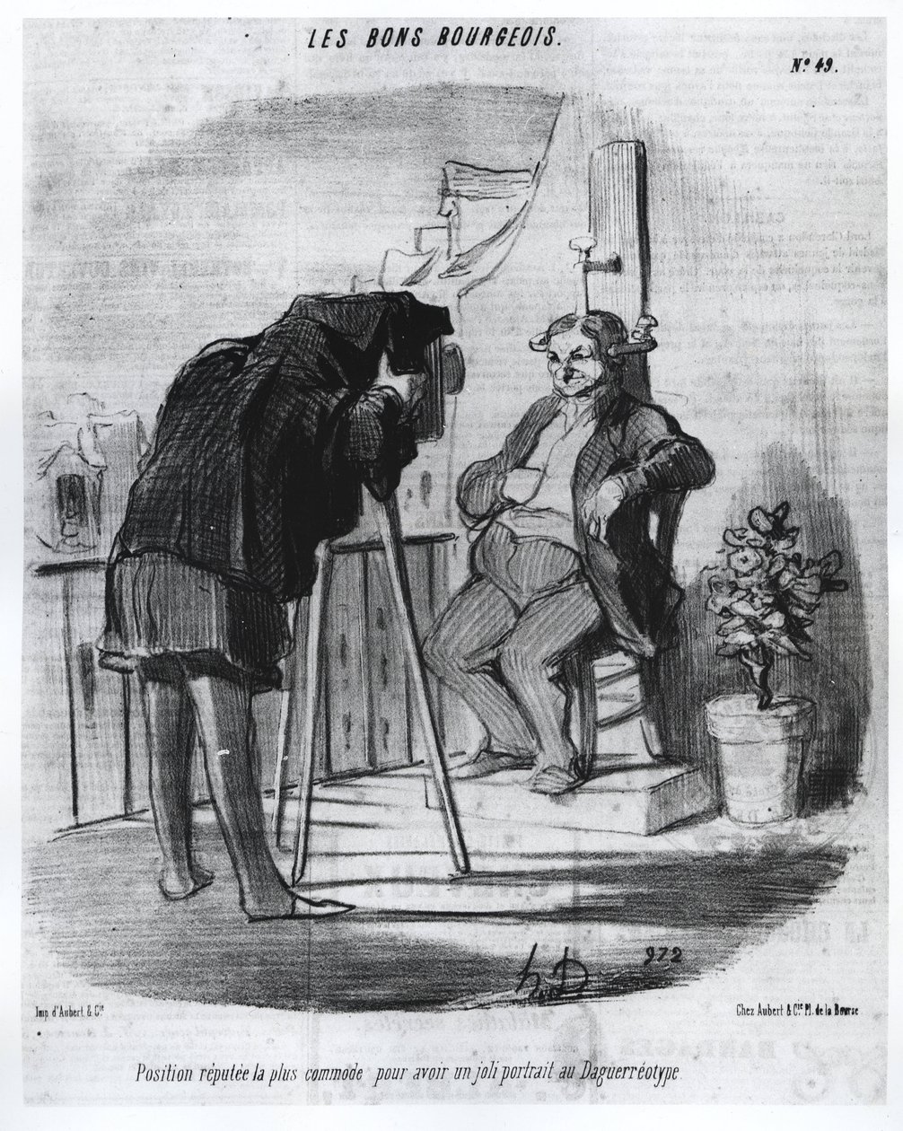 Les Bons Bourgeois - Den mest bekväma positionen för att ha ett fint porträtt i daguerreotypi, karikatyr av Daumier - i "" Charivari"" av 24/07/1847. av Honoré Daumier