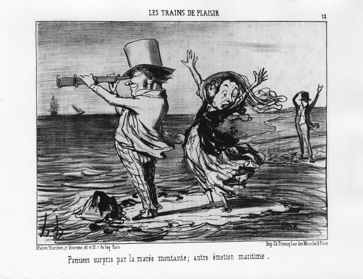 Pleasure Trains: Parisare överraskade av den stigande tidvattnet; andra maritima känslor - av Daumier "" Les chemins de fer"", i "" Charivari"" av 1852-09-18. av Honoré Daumier