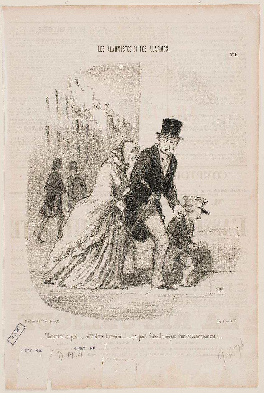 Låt oss gå fort, det finns två män där borta... Det här kan vara början på en ny olaglig sammankomst. av Honoré Daumier
