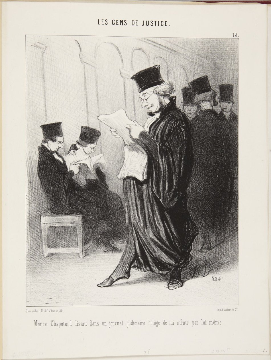 Mästare Chapotard läser i en rättstidning en hyllning till sig själv, skriven av honom själv av Honoré Daumier