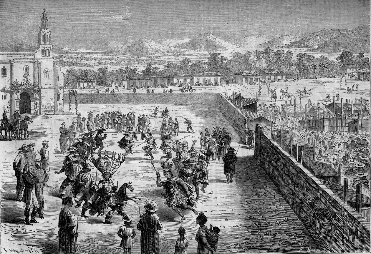 Mexikansk sed: Indisk fest och dans i Santa Anna (Mexiko) till minne av erövringen av Fernando Cortez. Mexikanerna äcklades som spanska conquistadorer och soldater från den aztekiska armén i Montezuma. 1863. Gravyr i "" Le Monde Illustré"" n°315 av av Honoré Daumier