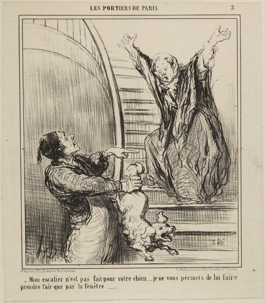 Min trappa är inte gjord för er hund..., nummer 3 ur serien Portiererna i Paris från Le Charivari av Honoré Daumier