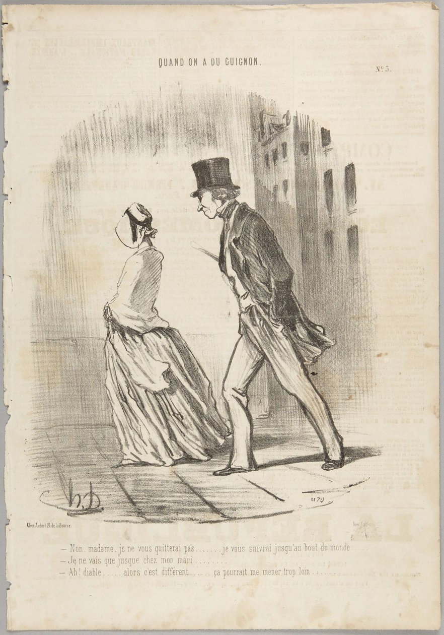 Nej, madam, jag ska inte lämna er..., nummer 3 ur serien När man har otur från Le Charivari av Honoré Daumier