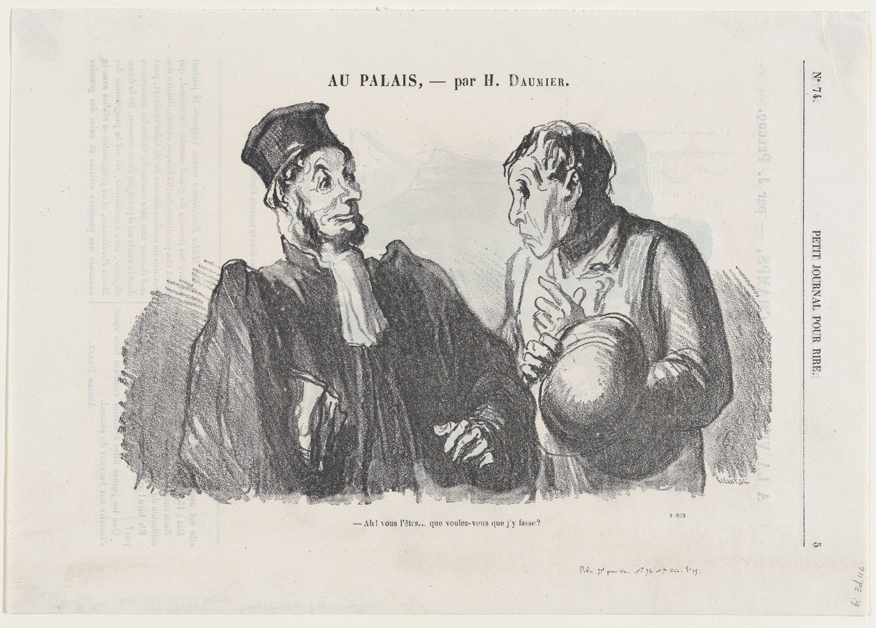 Åh, ni är... (skyldig), och vad vill ni att jag ska göra åt det?, ur "I domstolen", publicerad i Le Petit Journal pour Rire, 3 mars 1866 av Honoré Daumier