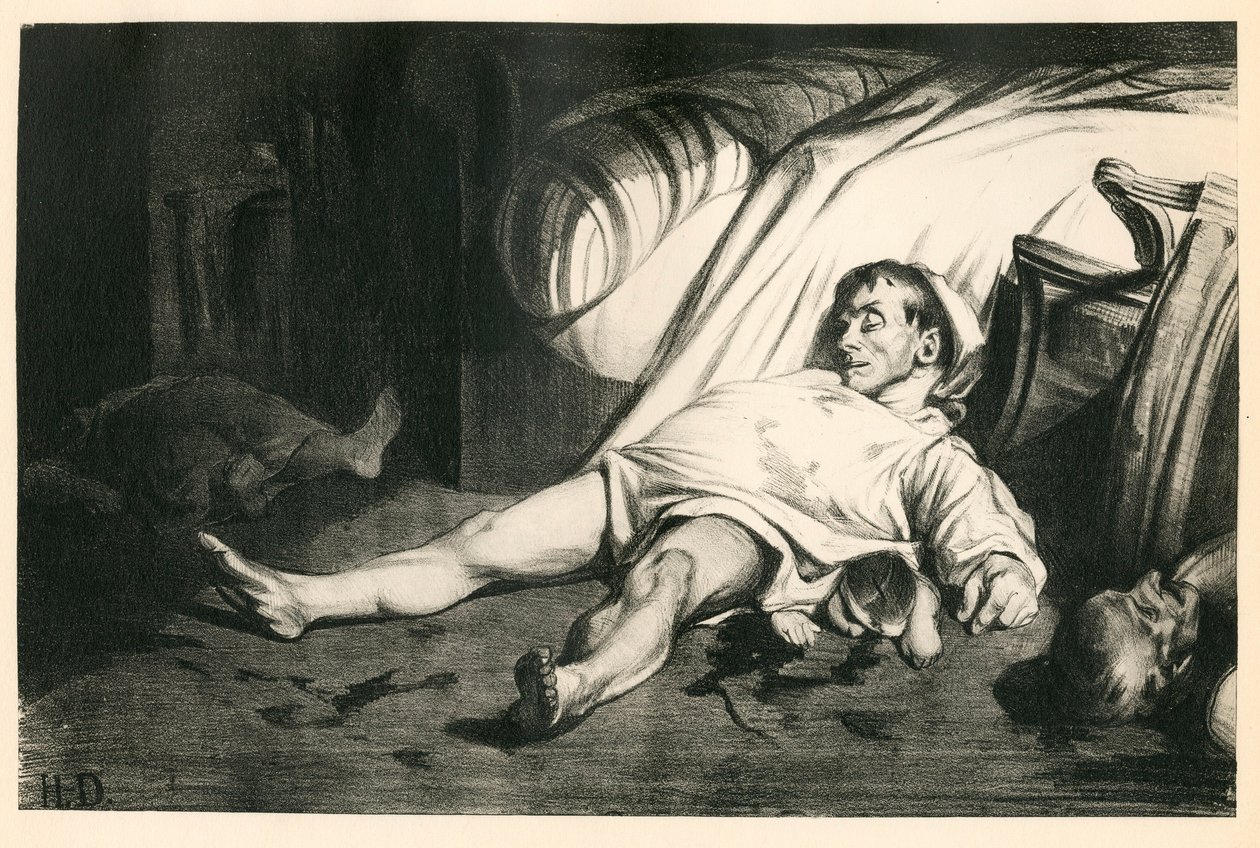 Etthundratjugo litografier av H. Daumier, Satirique i N & B, cirka 1834: Massacre de la rue Transnonain (Paris) - Republikan, döda lik, förtryck - Illustration av Honore Daumier (1808-1879) av Honoré Daumier