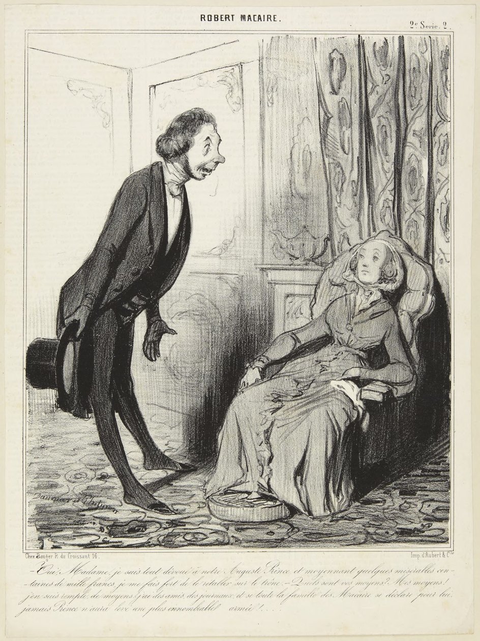 ”Ja, madame, jag är helt hängiven vår upphöjde prins...”, nummer 2 ur serien Robert Macaire från Le Charivari av Honoré Daumier