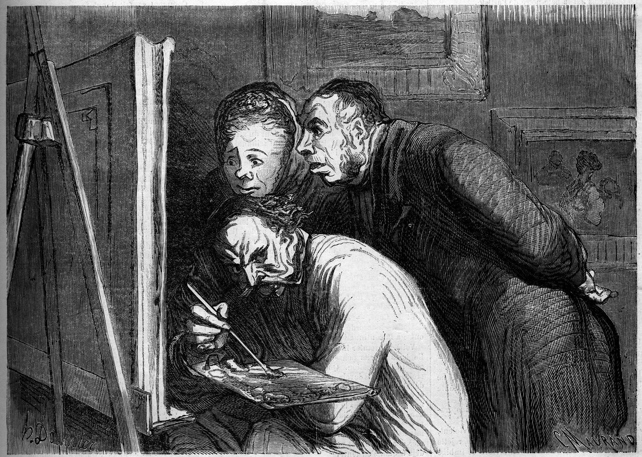 Målare och borgerliga. Tecknad av Honore Daumier (1808-1879). Gravyr i "" Le Monde Illustré"" nr 262 av 19 april 1862. av Honoré Daumier