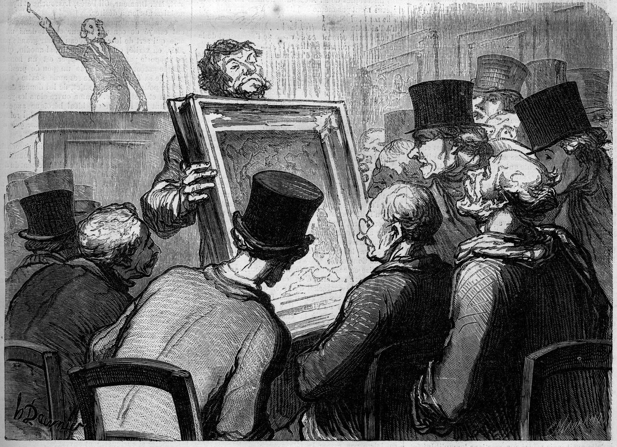Målande älskare på Hotel Bouillon. Tecknad serie av Honore Daumier (1808-1879). Gravyr i "Le Monde Illustré" nr 250 den 25 januari av Honore Daumier