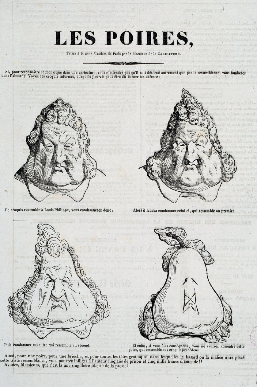 Päron: Karikatyr som representerar en metamorfos av Louis Philippes ansikte i päron. Teckning av Honore Daumier (1808-1879) efter originalteckningen av Charles Philippon (1806-1862) "" La Caricature"", januari 1832 Paris, Musee Carnavalet av Honoré Daumier