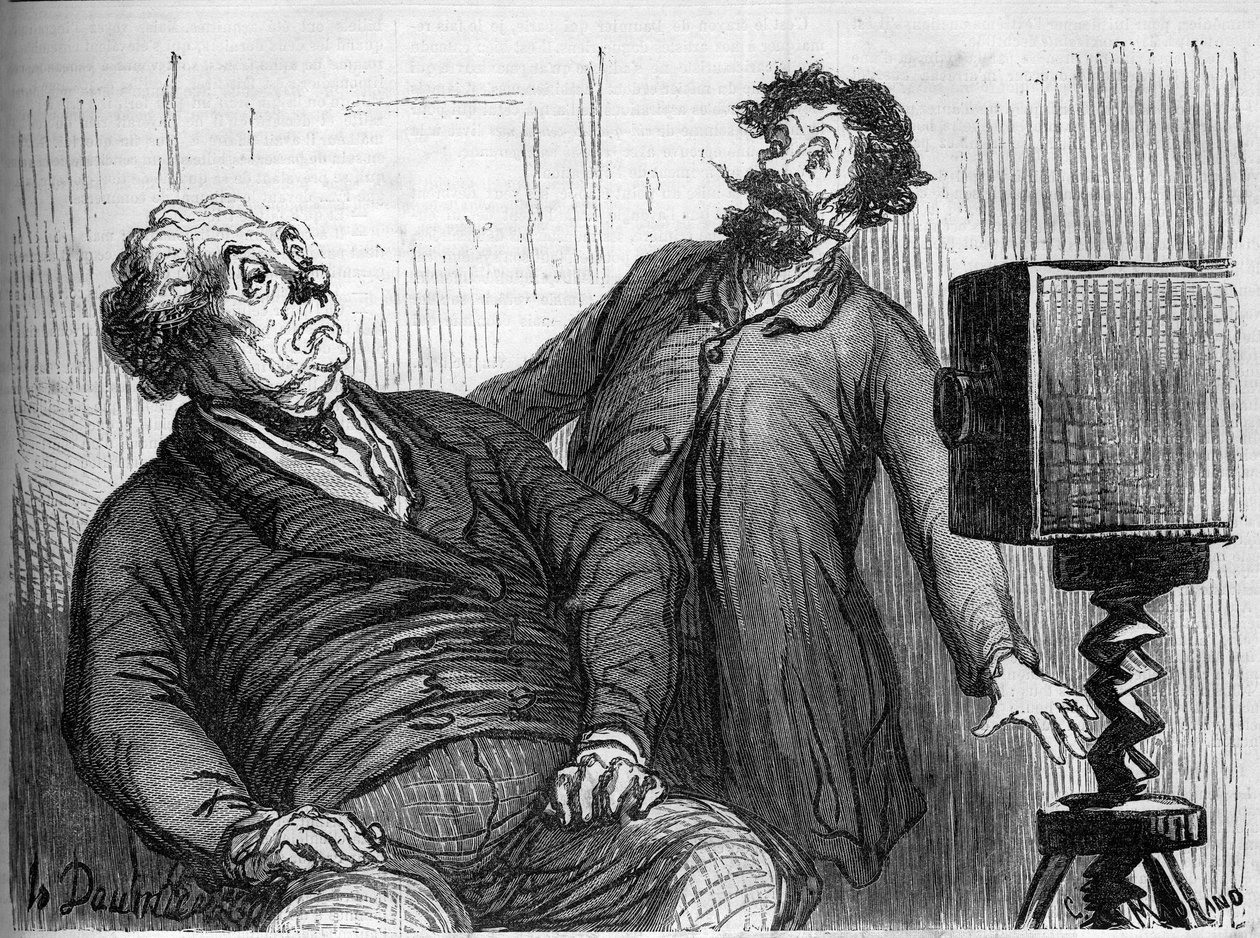 Fotografer och fotografier. Tecknad av Honore Daumier (1808-1879). Gravyr i "" Le Monde Illustré"" nr 259 av 29 mars 1862. av Honoré Daumier