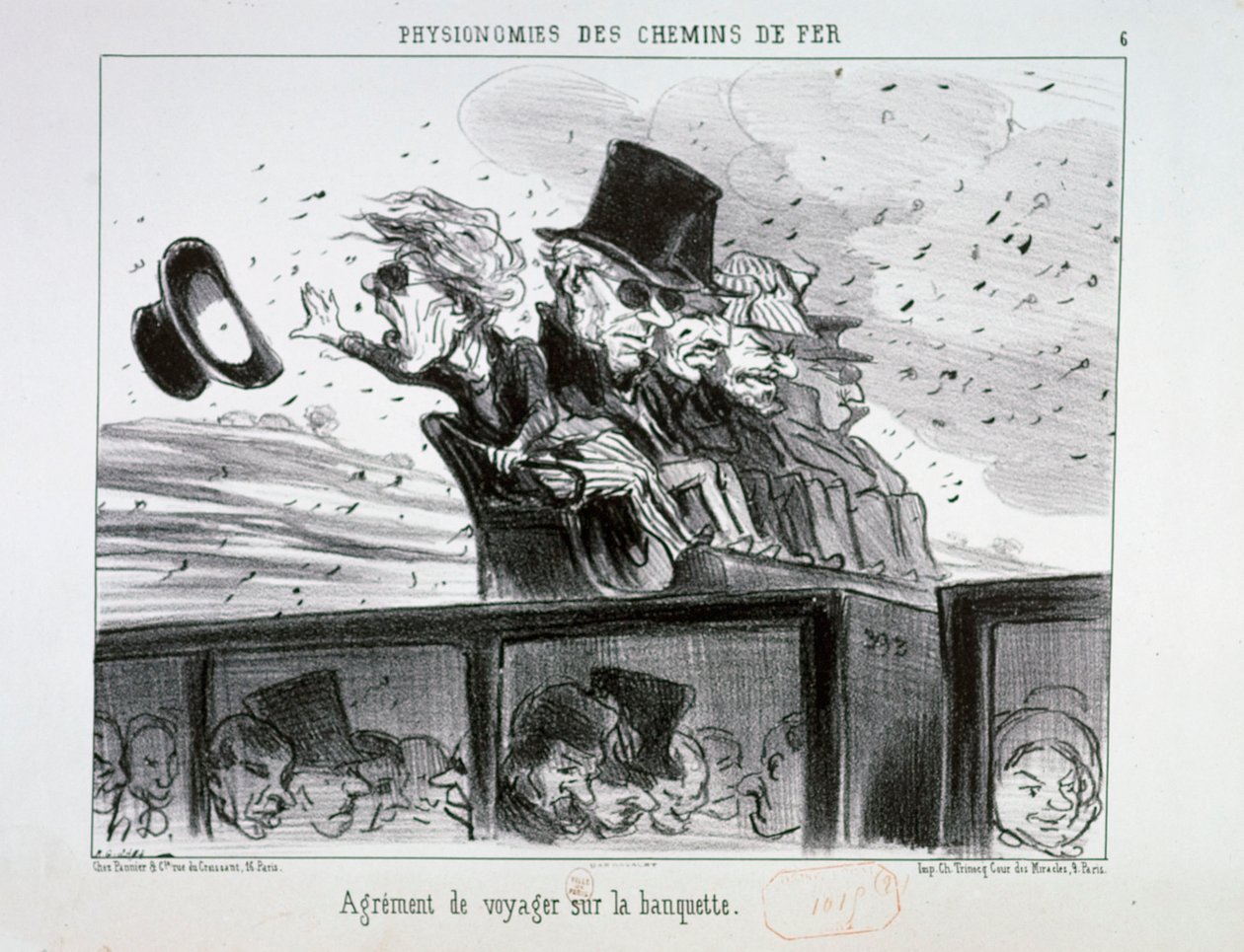 Järnvägens ansikten nr 6: Nöjet att resa på bänken. av Honoré Daumier