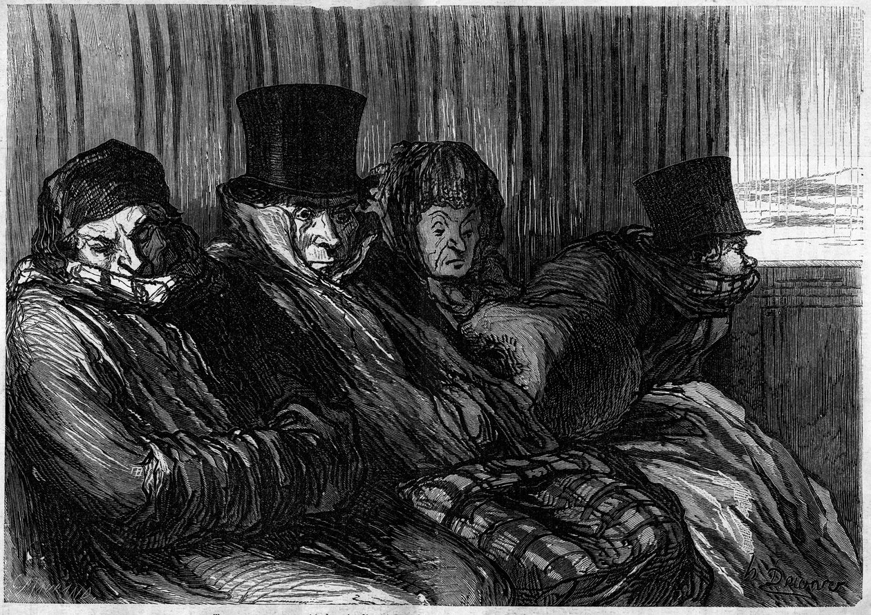 Nöjetåg: 10 grader av tristess och dåligt humör. Tecknad av Honore Daumier (1808-1879). Gravyr i "" Le Monde Illustré"" nr 249 den 18 januari av Honoré Daumier