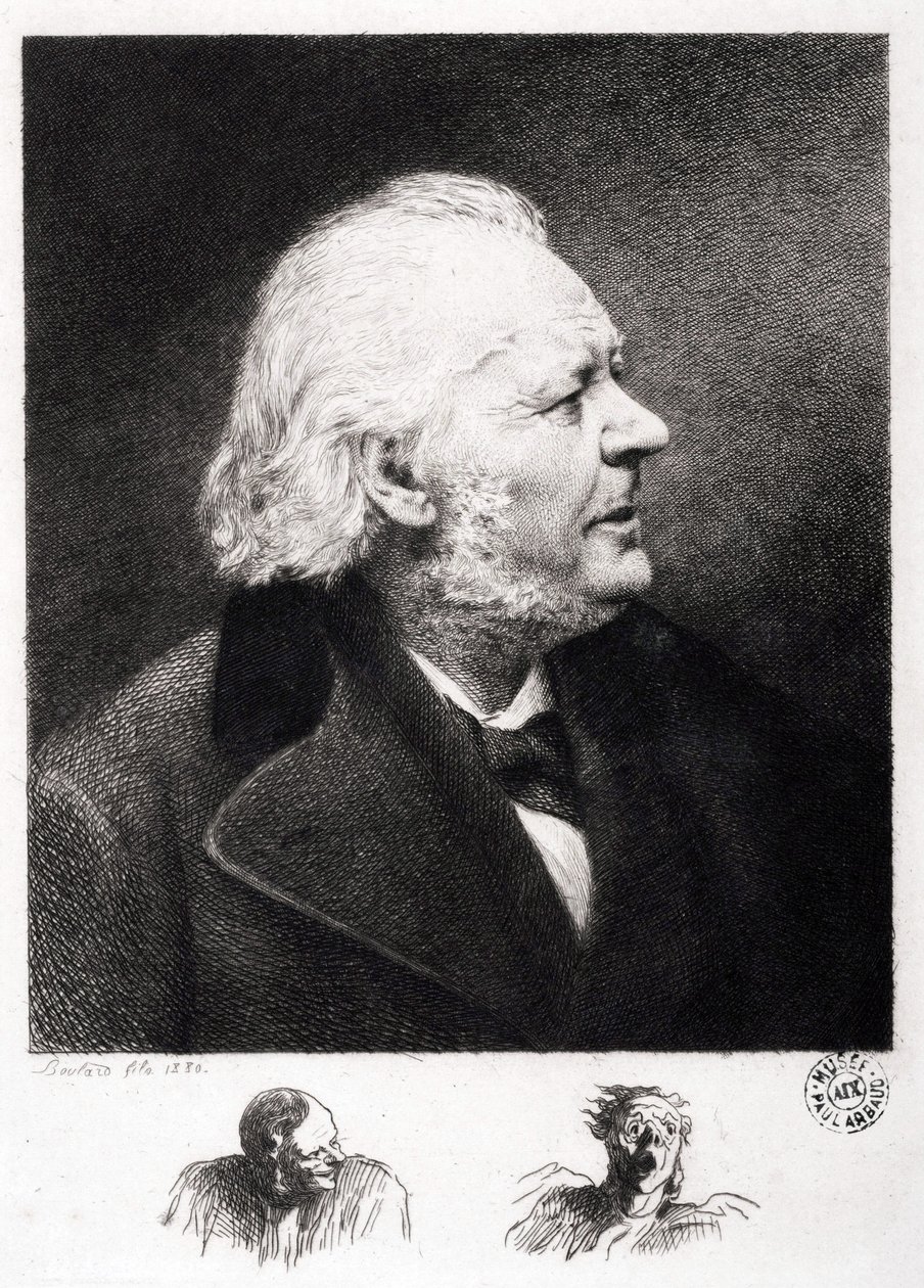 Porträtt av Honore Daumier (1808-1879), fransk gravör, målare och skulptör. Gravyr av son Boulard av Honoré Daumier
