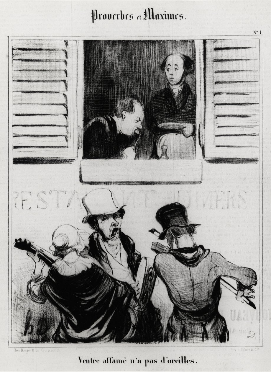 Ordspråk och maxim: hungrig mage har inga öron. Illustration av Honore Daumier (1808-1879). Karikatyr 1800-tal, Musee Carnavalet, Paris. av Honoré Daumier