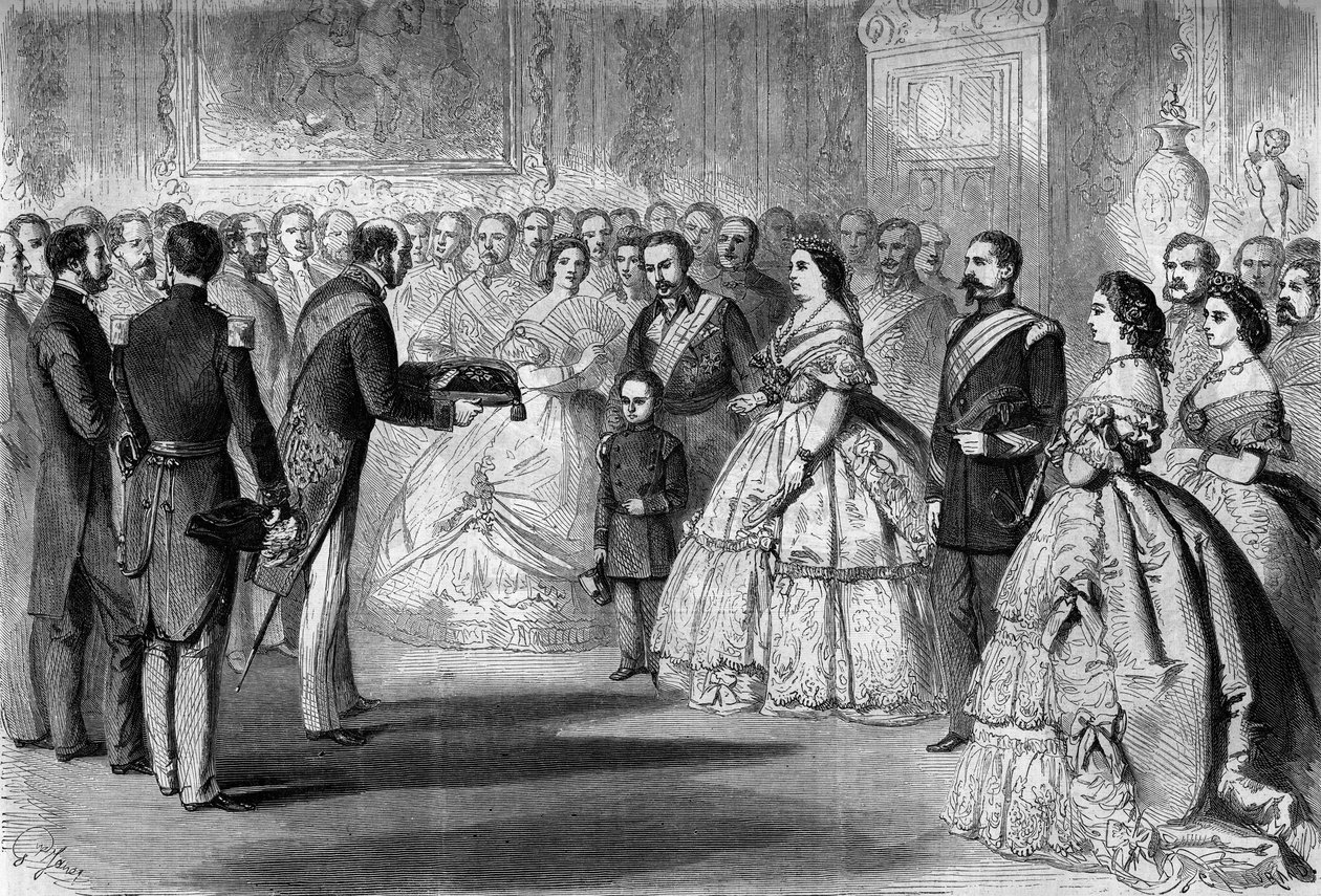 Drottning Isabella II av Spanien (Isabella av Bourbon) (1830-1904) mottog Hederslegionens stora rep i namnet på sin son, prinsen av Asturien. Närvarande är: Napoleon III (1808-1873) och Prince Imperial (1856-1879) av Honoré Daumier
