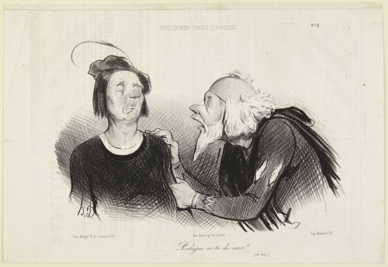 ”Rodrigue, har du mod?”, nummer 8 ur serien Tragisk-klassiska fysionomier från Le Charivari av Honoré Daumier