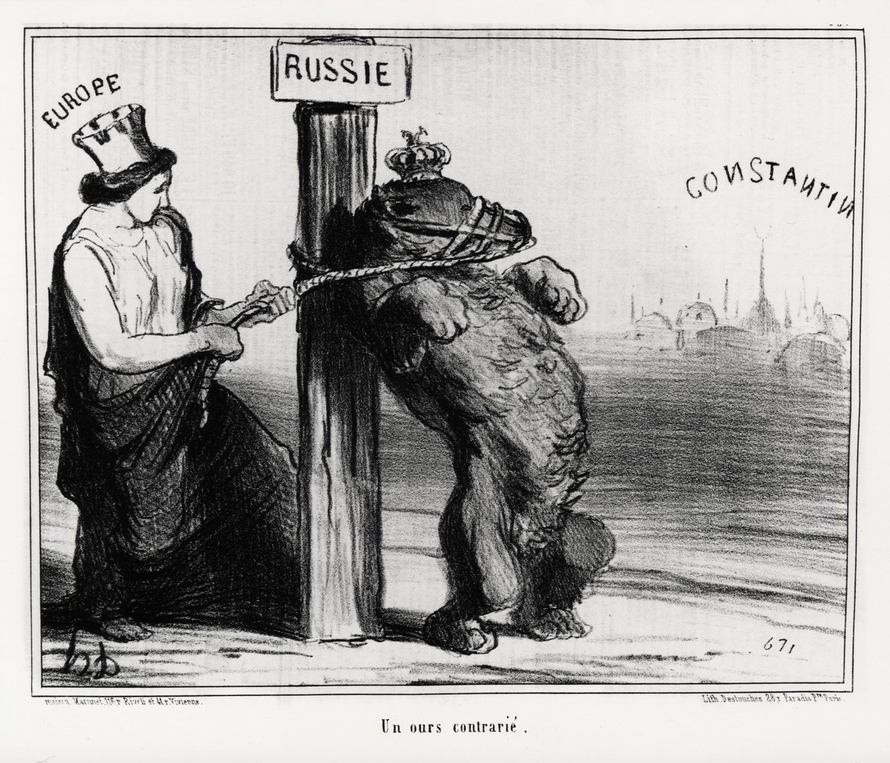 Ryssland: en björn som är upprörd (av Europa). I mars 1854 bildade Frankrike och England en allians med Turkiet mot Ryssland Illustration av Honore Daumier (1808-1879), publicerad i nyheterna "Charivari". av Honoré Daumier