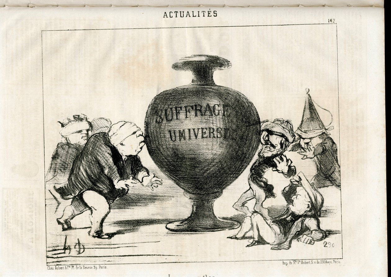 Satirical in N & B: News - Republikens president, allmän rösträtt - Third Adolphe, Montalembert Charles de (1810-1870), Louis Matthew Mole (1781-1855), Dupin Andre-Marie, dit Dupin aine (1783-1865) - Illustration av Honore Daumier (1808-1879) av Honoré Daumier
