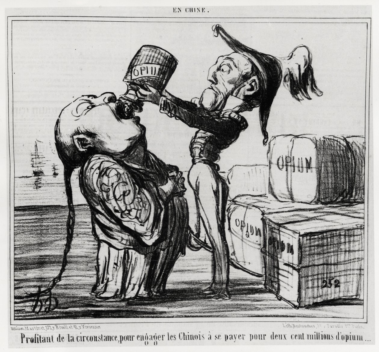 Andra opiumkriget (1856-1860): 1858 gick den kinesiska regeringen med på att legalisera handeln med opium. "" Att dra fördel av omständigheten att engagera kineserna att betala för tvåhundra miljoner opium"", i serien En Chine, illustration av Honore Daumi av Honoré Daumier