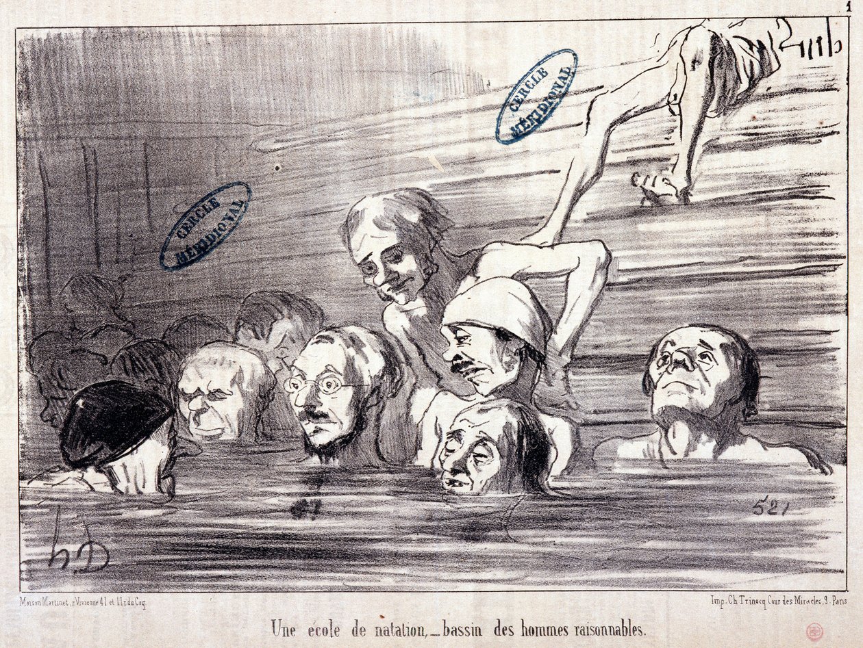 Serien "" Les Bains de Mer"": "" Vattenskiss. En simskola, en pool av rimliga män.” Gravyr av Honore DAUMIER (1808-1879). Utdrag ur tidningen "" Le Charivari"" av Honoré Daumier