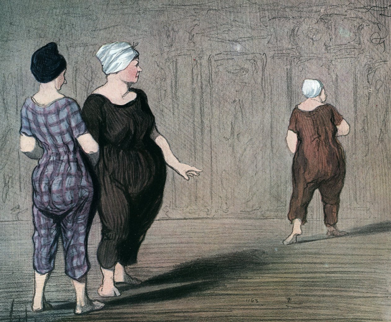 Serien "" Les batheuses"" två kvinnor i baddräkt undersöker skärningen av en annan, karikatyr av Honore Daumier (1808-1879) 1844 (Badarna: två damer i baddräkt, tittar upp och ner i midjan på en annan) Privat samling av Honoré Daumier