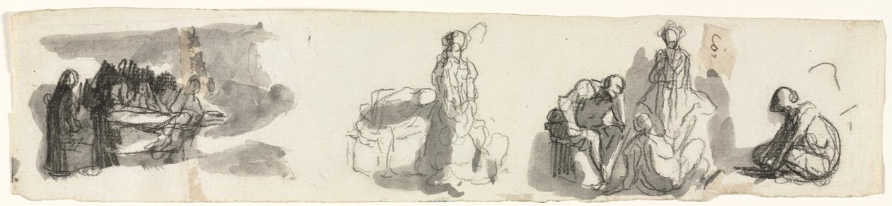 Studieark med en grupp av fyra figurer till höger (recto) av Honoré Daumier